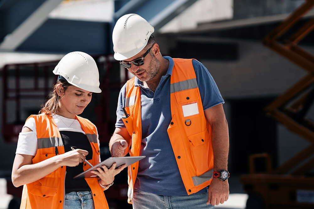 two construction workers looking at a tablet